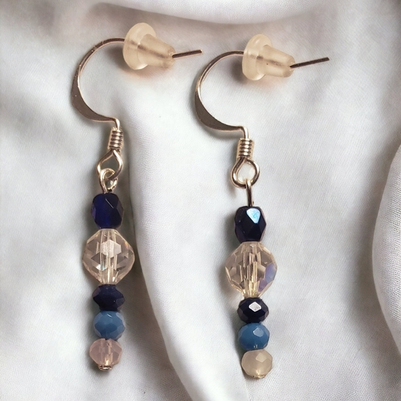 Tiny Blue, Black & Crystal Beaded Hand Crafted Drop Earrings - Picture 2 of 6